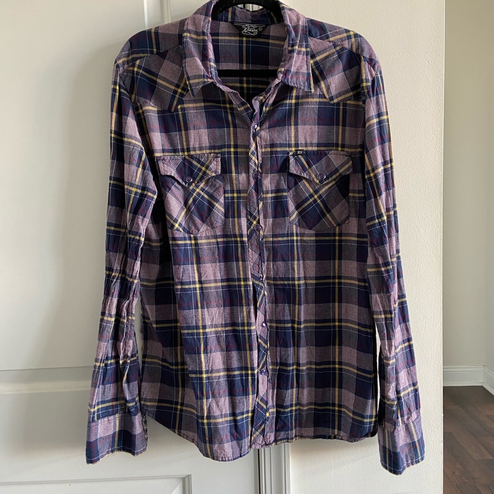 Salt Valley Purple & Blue Western Plaid pearl snap Button Down Shirt